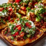 Delicious mini Lahmacun Bites served on a platter with fresh herbs.