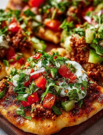 Delicious mini Lahmacun Bites served on a platter with fresh herbs.