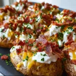 Savory Blackstone Loaded Potatoes topped with cheese and bacon