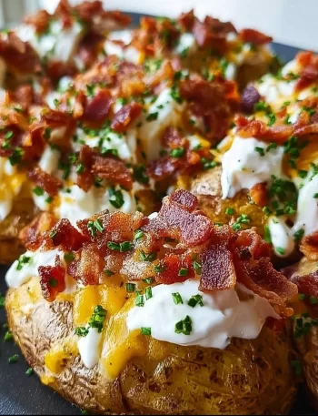 Savory Blackstone Loaded Potatoes topped with cheese and bacon