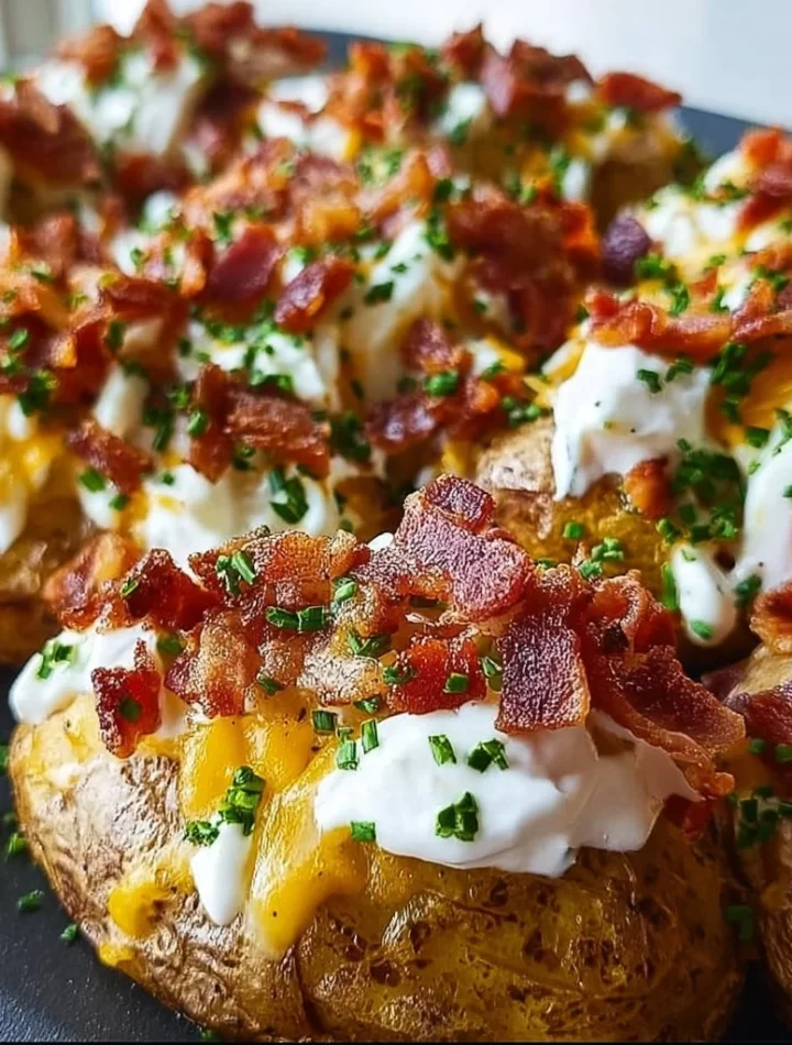 Savory Blackstone Loaded Potatoes topped with cheese and bacon