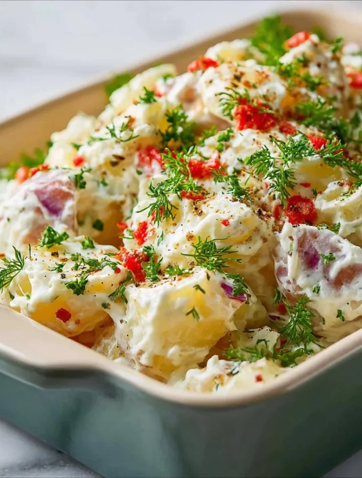Savory Southern potato salad served in a bowl, ideal for summer picnics.