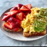 Scrambled eggs served with strawberries and avocado toast on a plate.