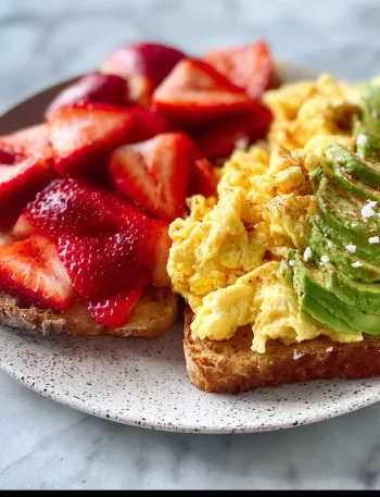 Scrambled eggs served with strawberries and avocado toast on a plate.