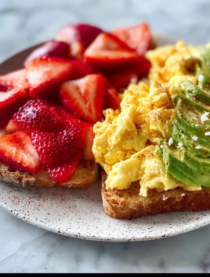 Scrambled eggs served with strawberries and avocado toast on a plate.
