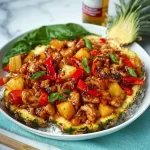 Sizzling Blackstone Pineapple Chicken served on a plate with vibrant colors.