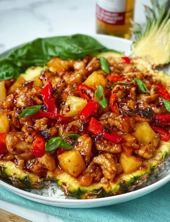 Sizzling Blackstone Pineapple Chicken served on a plate with vibrant colors.