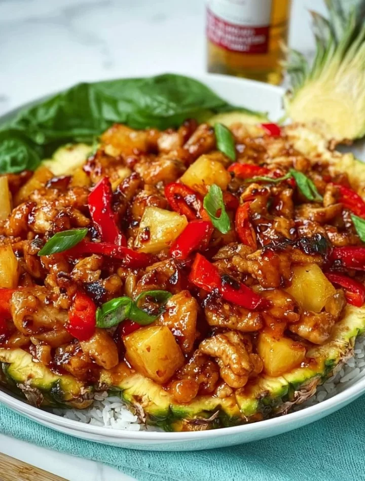 Sizzling Blackstone Pineapple Chicken served on a plate with vibrant colors.