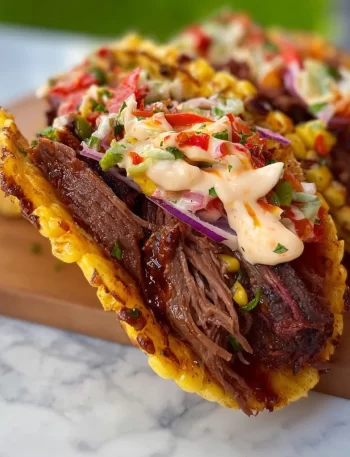 Delicious smoked BBQ beef tacos served with fresh toppings and sauces