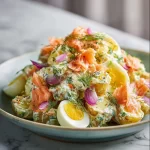 Smoked Salmon Potato Salad garnished with herbs and spices on a serving plate.