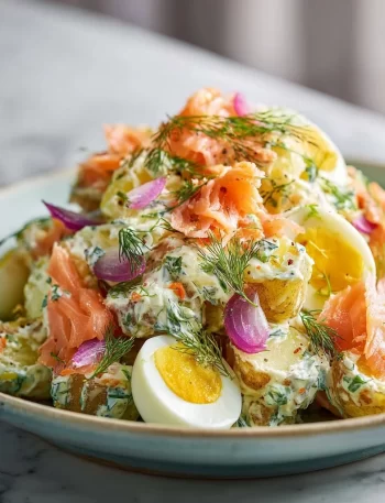 Smoked Salmon Potato Salad garnished with herbs and spices on a serving plate.