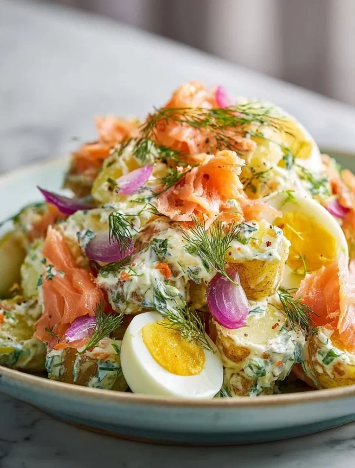 Smoked Salmon Potato Salad garnished with herbs and spices on a serving plate.