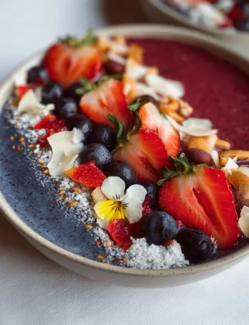 Colorful smoothie bowls topped with fresh fruits and granola for summer