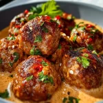 Spicy beef meatballs drizzled with creamy chipotle sauce on a plate.