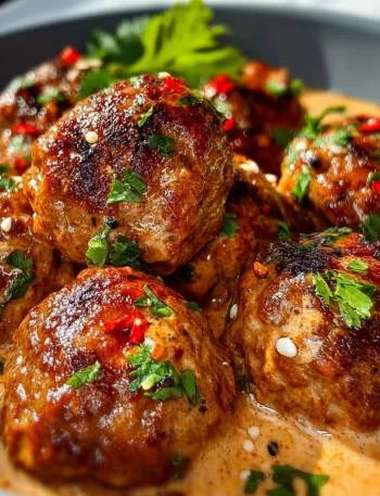 Spicy beef meatballs drizzled with creamy chipotle sauce on a plate.