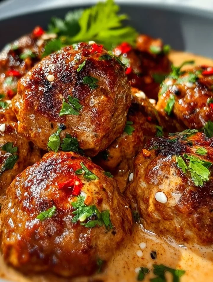 Spicy beef meatballs drizzled with creamy chipotle sauce on a plate.