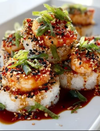Spicy shrimp sushi stacks with vibrant ingredients on a plate