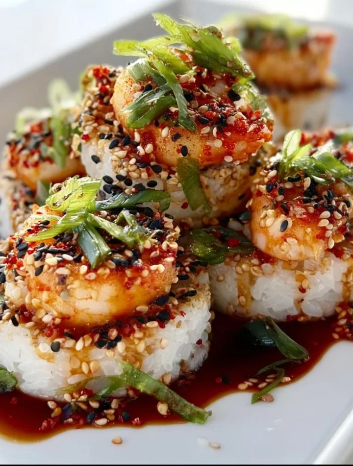 Spicy shrimp sushi stacks with vibrant ingredients on a plate