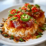 Spicy tuna crispy rice bites topped with avocado and sesame seeds