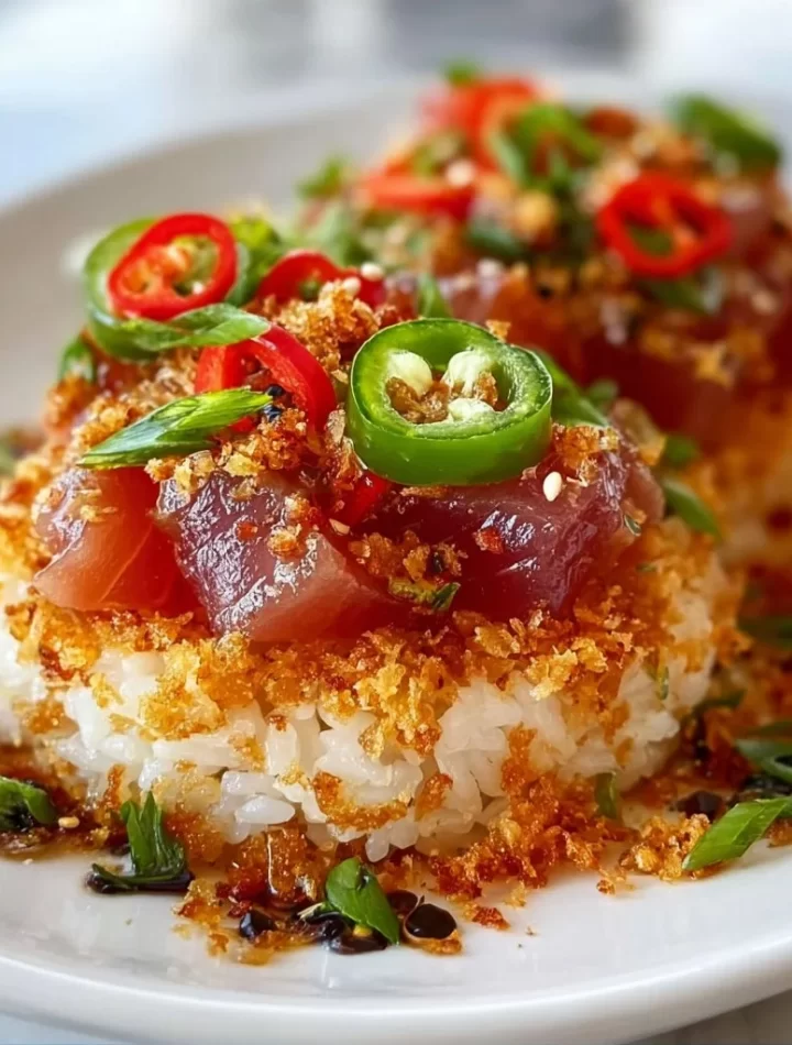 Spicy tuna crispy rice bites topped with avocado and sesame seeds