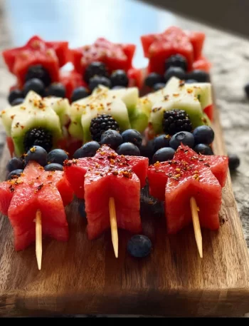 Colorful star-spangled fruit skewers with strawberries, blueberries, and bananas