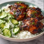 Sticky grilled chicken thighs with fluffy rice and cucumber salad on a plate.