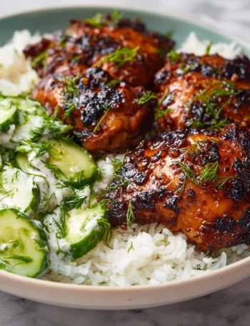 Sticky grilled chicken thighs with fluffy rice and cucumber salad on a plate.