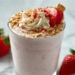 Strawberry cheesecake protein shake with fresh strawberries and cream topping