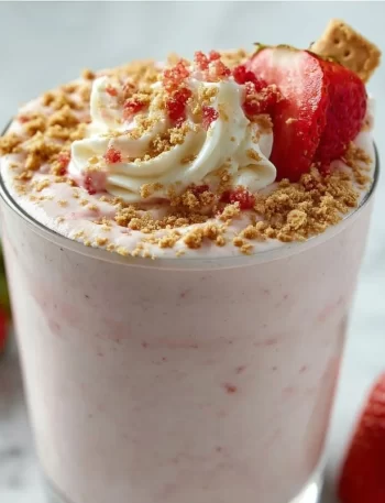 Strawberry cheesecake protein shake with fresh strawberries and cream topping