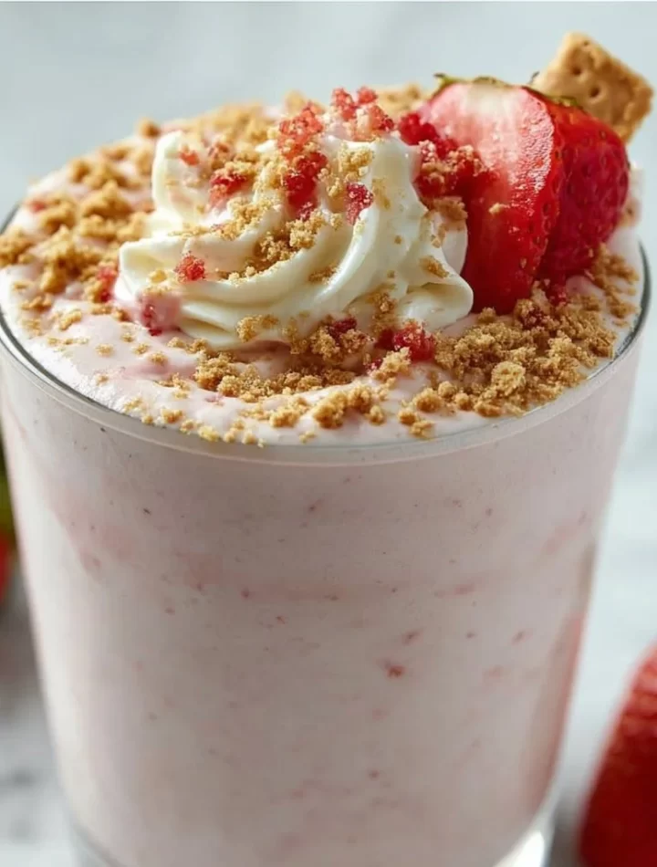 Strawberry cheesecake protein shake with fresh strawberries and cream topping