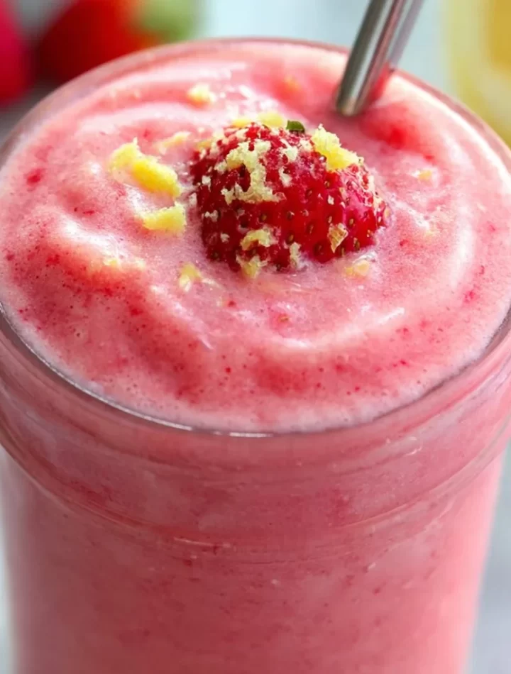 Delicious strawberry lemon smoothie in a glass garnished with fresh strawberries and lemons