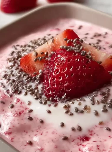 Strawberry milkshake chia pudding topped with fresh strawberries and chia seeds.