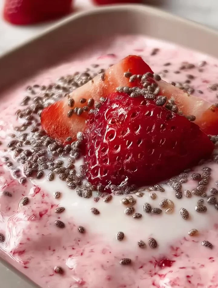 Strawberry milkshake chia pudding topped with fresh strawberries and chia seeds.