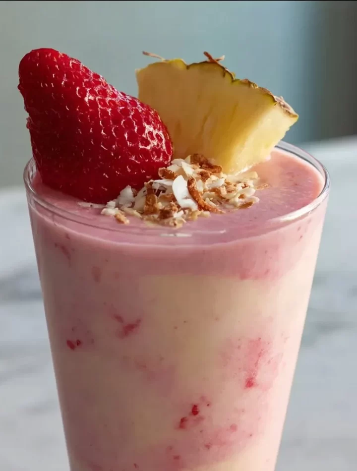 Strawberry Pina Colada smoothie in a glass with fresh strawberries and coconut.