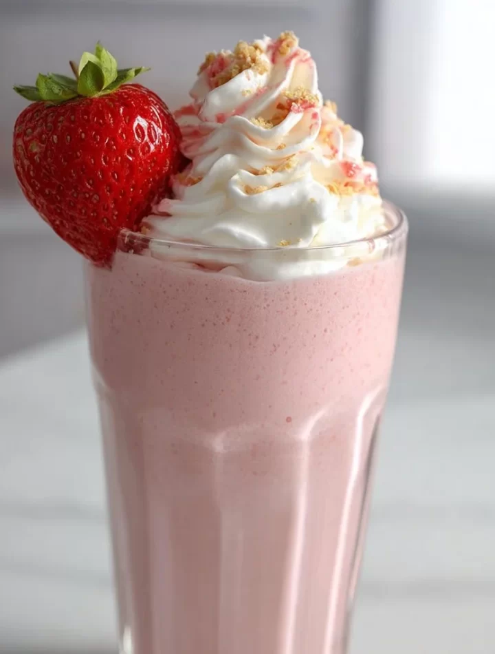 Delicious strawberry protein shake in a glass with fresh strawberries on top