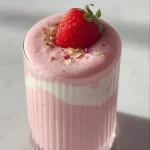 Delicious strawberry yogurt smoothie in a glass topped with fresh strawberries.