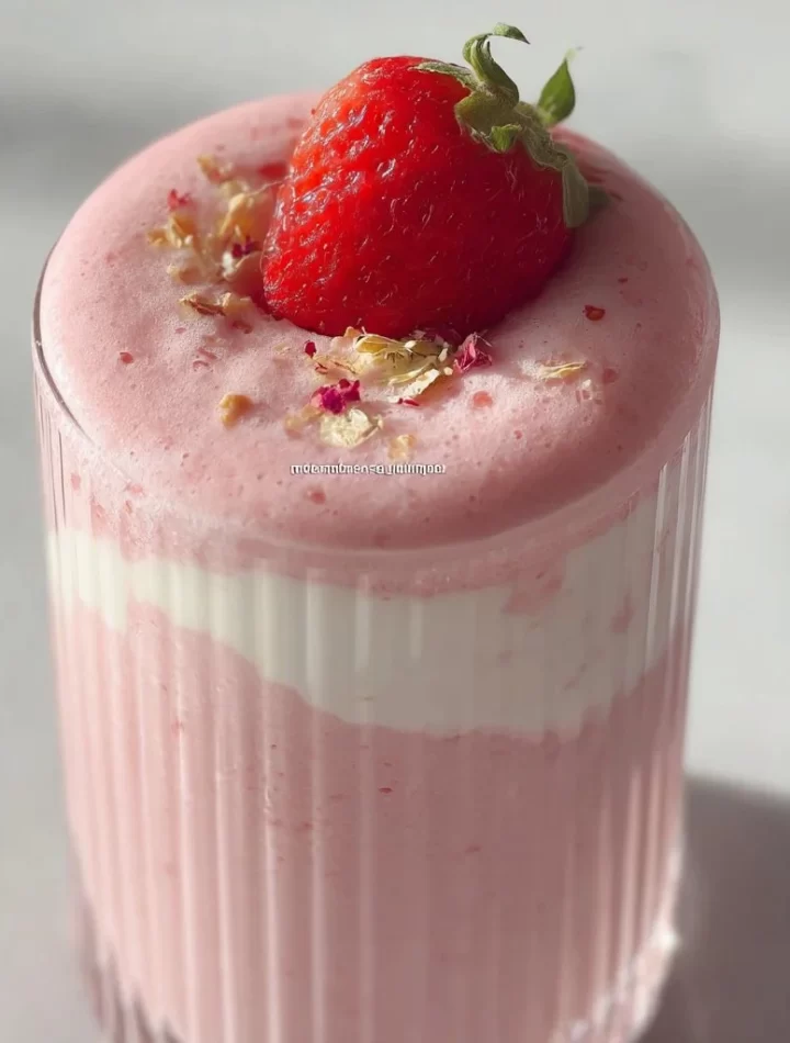 Delicious strawberry yogurt smoothie in a glass topped with fresh strawberries.
