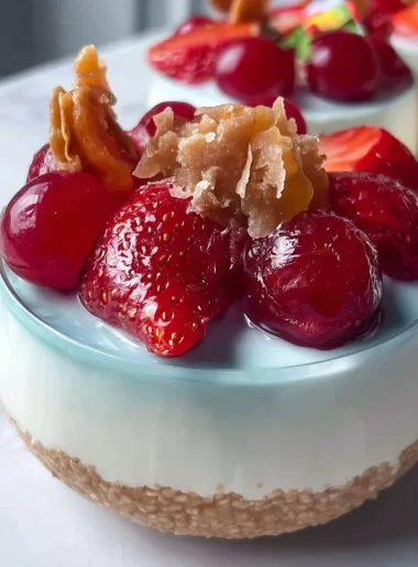 A vibrant summer dessert featuring fresh fruits and a creamy topping.