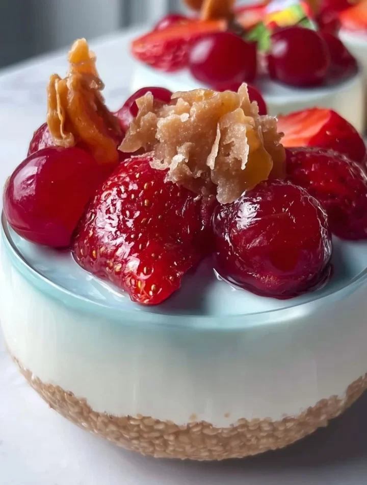 A vibrant summer dessert featuring fresh fruits and a creamy topping.