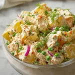 Creamy chicken potato salad on a picnic table with summer fresh ingredients.