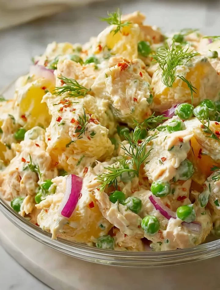 Creamy chicken potato salad on a picnic table with summer fresh ingredients.