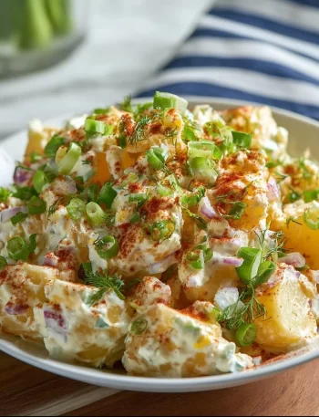 Tangy Vinegar Potato Salad served in a bowl, ideal for summer picnics.