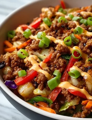 Delicious Blackstone egg roll in a bowl recipe with colorful veggies