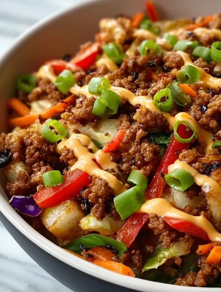 Delicious Blackstone egg roll in a bowl recipe with colorful veggies