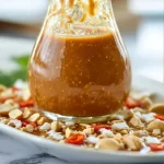 Bowl of Thai peanut dressing drizzled over fresh salad ingredients