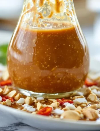 Bowl of Thai peanut dressing drizzled over fresh salad ingredients
