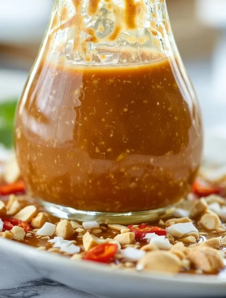 Bowl of Thai peanut dressing drizzled over fresh salad ingredients