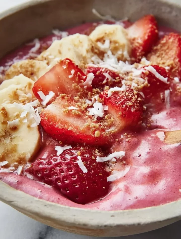 Strawberry banana smoothie bowl topped with fresh fruits and granola