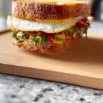 Delicious ultimate breakfast sandwich with eggs, cheese, and bacon on a toasted bun.