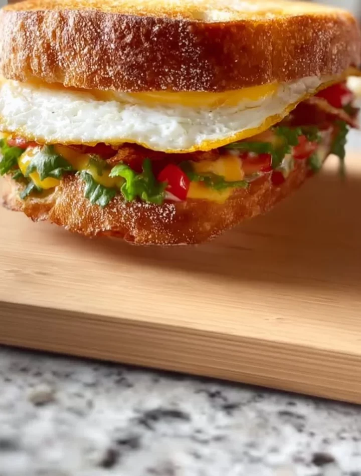 Delicious ultimate breakfast sandwich with eggs, cheese, and bacon on a toasted bun.